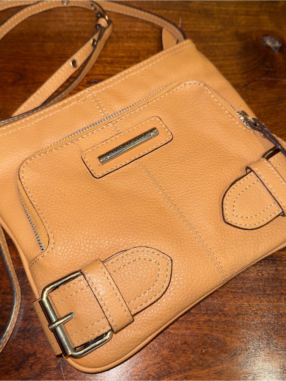 Franco Sarto Tan Pebble Leather Crossbody with Buckle Accents